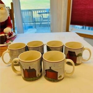 Warren Kimble "Barns" Ceramic Mugs, Sakura NY, 1998. Set of (6) Mugs.